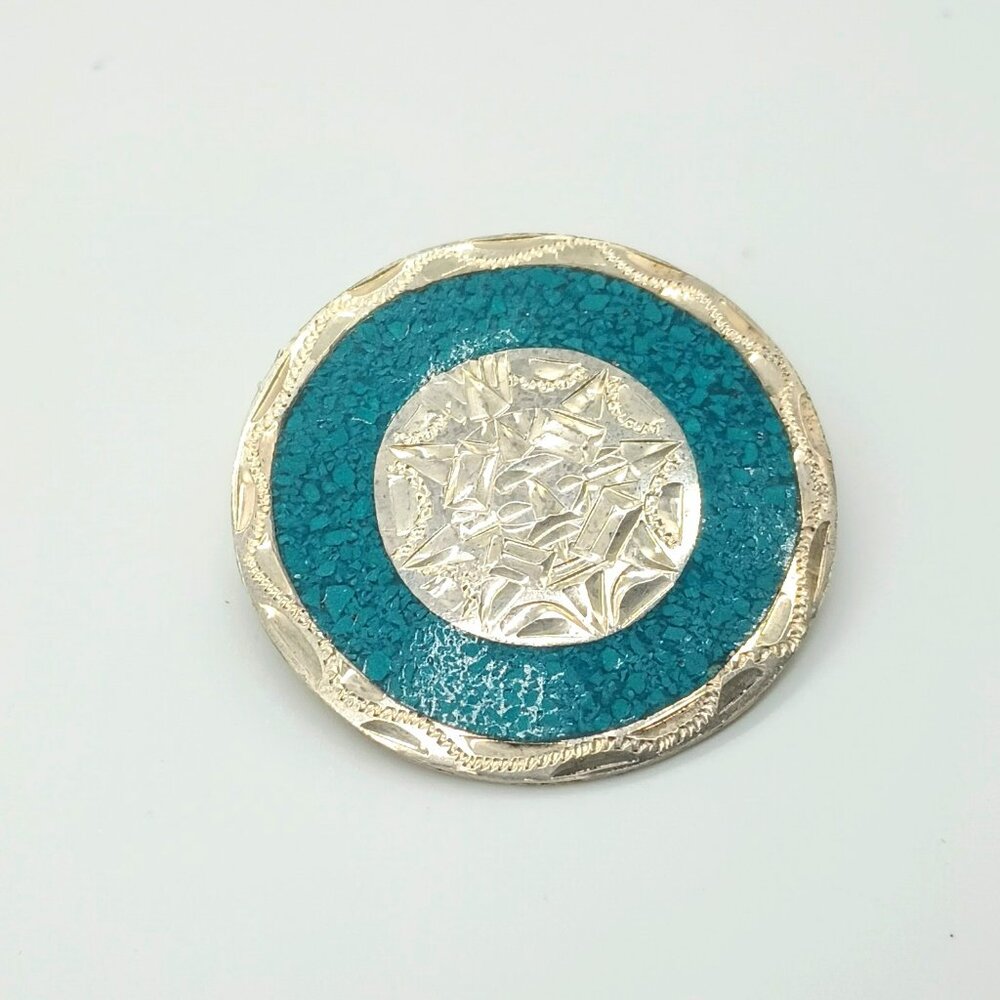 Vtg 925 Crushed Turquoise Brooch Pendant Sterling Silver Mexico Round Etched Pin
